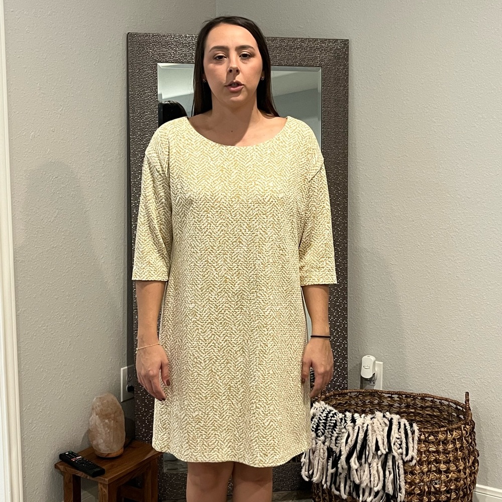 Maggie London, size 12, cream/gold party dress. Lined. Excellent/new condition.